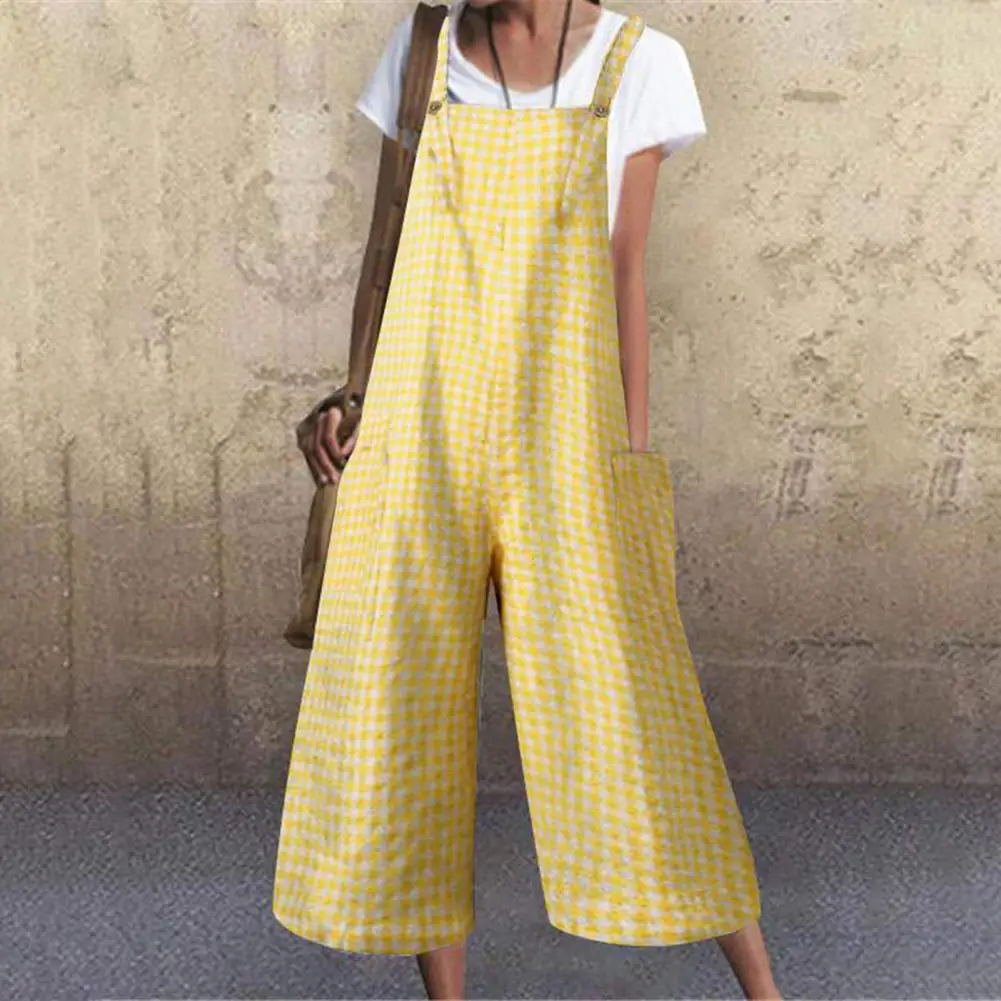 

Summer Romper Chic Deep Crotch Backless Lightweight Jumpsuit Plaid Print Wide Leg Women Romper Female Garment 2022