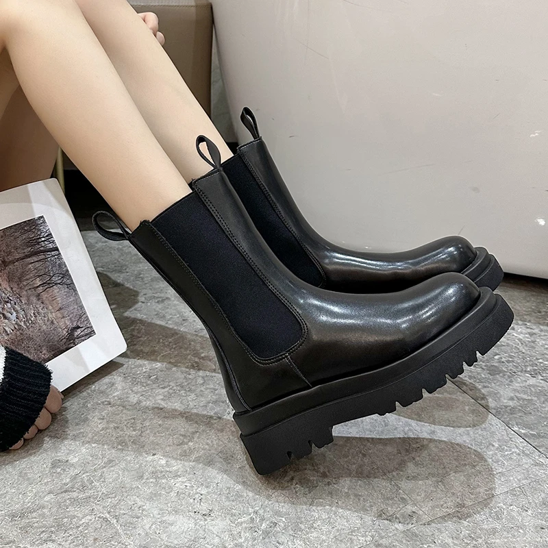 Autumn Genuine Leather Ankle Elastic Boots Shoes Handmade Platform Women Round Toe Short Boot Chunky Heightening Chelsea Boots