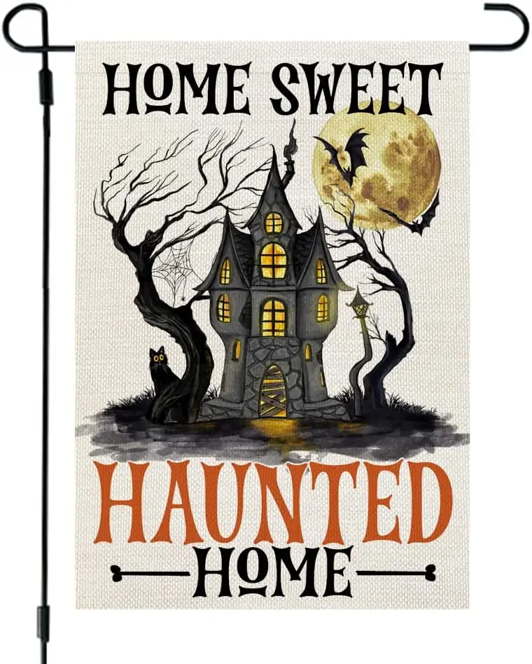 

Halloween Haunted Home Garden Flag 12x18 Inch Small Double Sided Burlap Holiday Seasonal Welcome Yard Outside