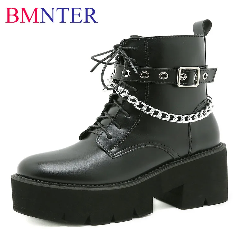 

Women ANKLE Boots 8CM High Heels Chunky Platform CHAIN Decoration Round Toe Zipper Black Matrin Boot Party Shoes Lady