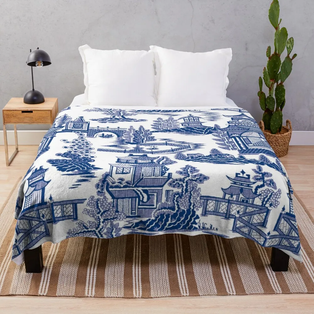

Синяя ива древняя Мин Китай-сине-белое одеяло ChinoiserieThrow роскошное мягкое велюровое одеяло для дивана с кисточками