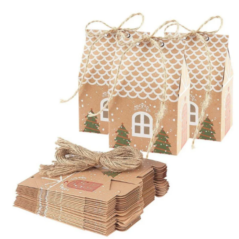 

10 шт. мешочек для конфет в европейском стиле, дом из крафт-бумаги «сделай сам», конфеты, детский подарок, коробка для конфет с пеньковой веревкой, праздничная Рождественская елка, подвеска