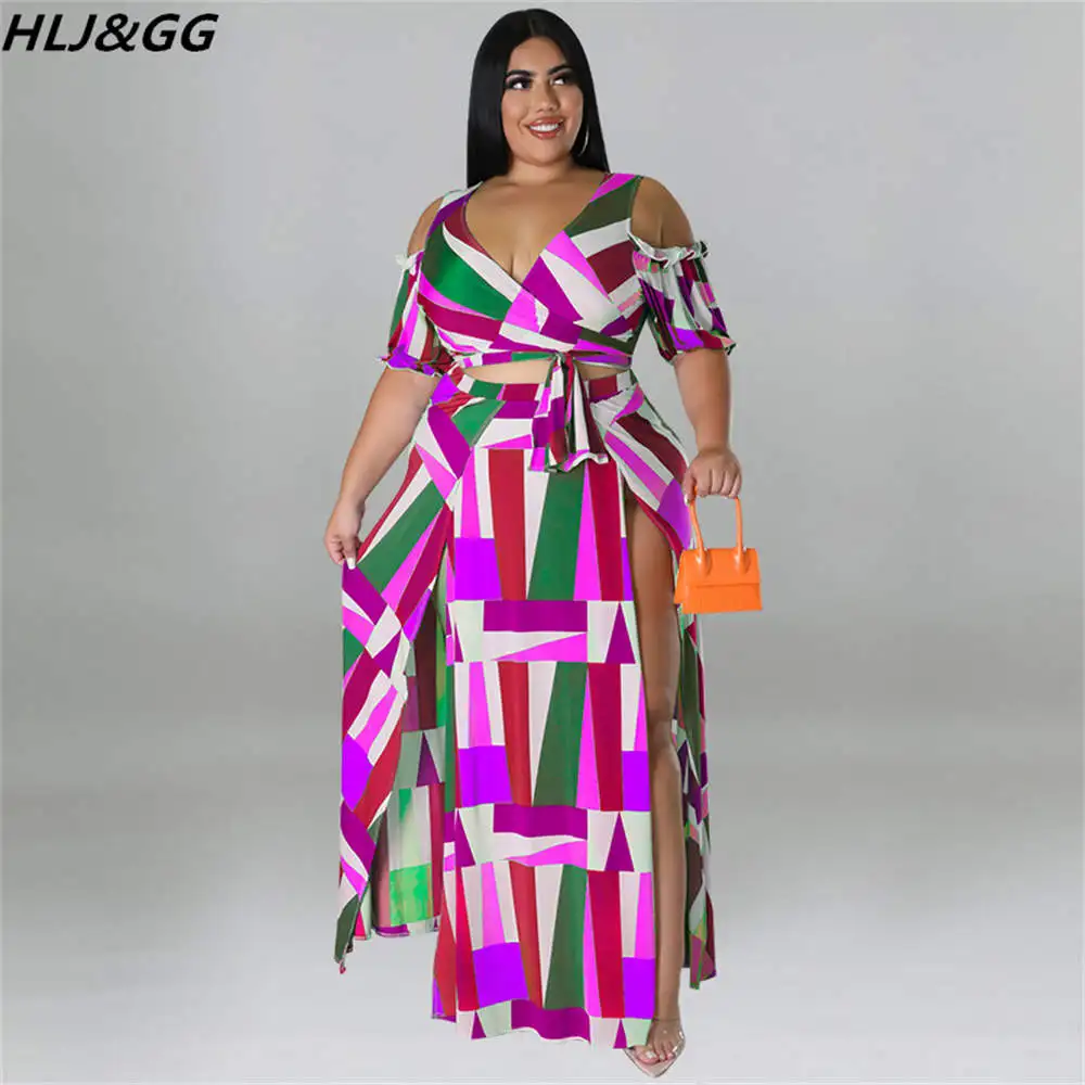 HLJ&GG Fashion Geometric Print Two Piece Sets Women Deep V Off Shoulder Crop Top+Long Skirts Outfits Plus Size Female 2pcs Suits