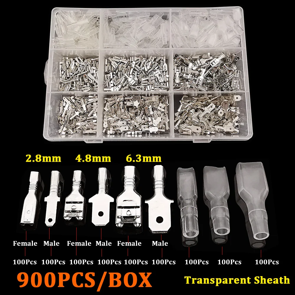 

900Pcs Silver 2.8/4.8/6.3mm Insulated Male Female Wire Spade Connector Kit Quick Splice Electrical Wiring Crimp Terminal Adapter