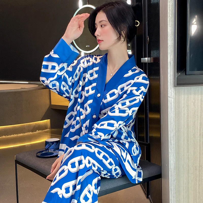

Women's Pajamas Set Silk Like Homewear Blue Chain Sleepwear Casual Ins Style Nightie V Neck Nightwear Simplicity пижама женская