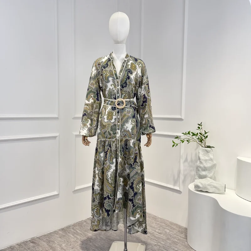 

Женское винтажное платье миди из рами, Элегантное летнее платье с цветочным принтом, полуоткрытым воротником, оборками и оборками, 2023