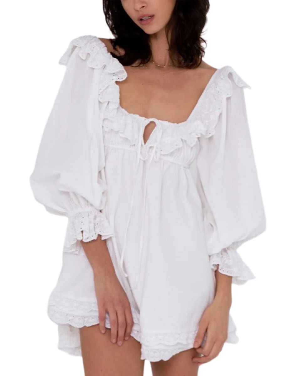 

Женское мини-платье принцессы, однотонное платье с глубоким V-образным вырезом и коротким пышным рукавом, модное дикое свободное летнее пла...