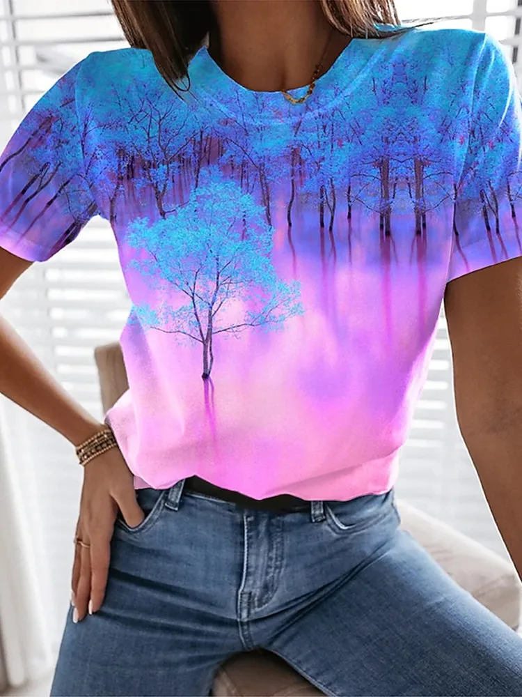 

Summer Fashion New Women's Botanical Print T Shirt Basic Crew Neck Blush Pink/3D Print Floral Themed Short Sleeve Top