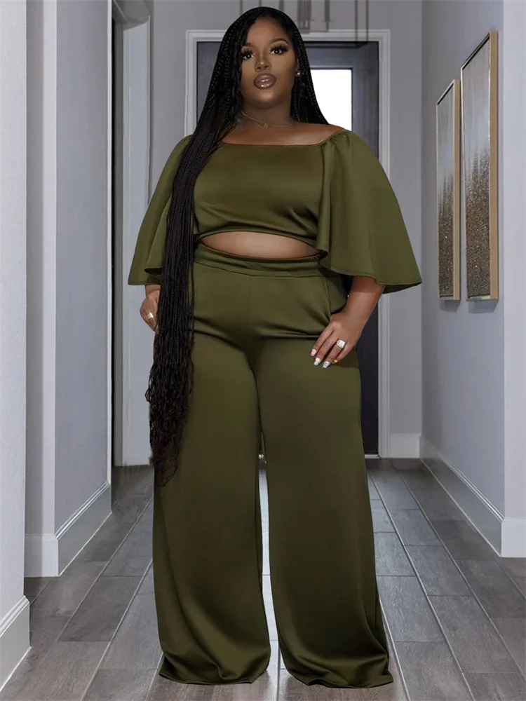 Plus Size Two Piece Sets Women Clothing Solid Off Shoulder Tops and Pants Wide Leg Matching Set Wholes 3xl 4xl 5xl 6xl