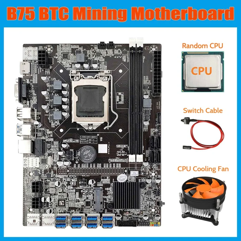 HOT-B75 ETH Mining Motherboard+CPU+Cooling Fan+SATA Cable+Switch Cable LGA1155 8XPCIE USB Adapter MSATA DDR3 B75 Motherboard
