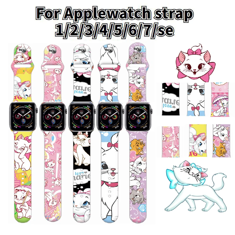 

Disney Anime Marie Cat for Apple Watch Strap Iwatch7/6/5/4/3/2/SE Printing Replacement Watch Bands 38mm 42mm 45mm Gifts