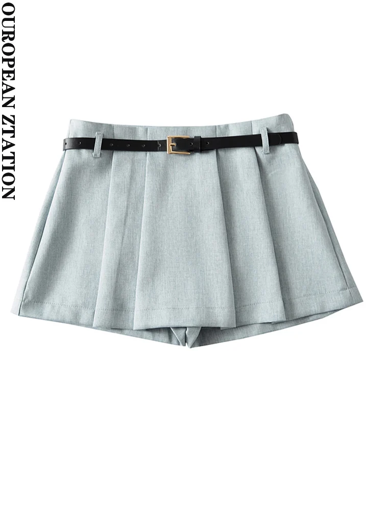 

PAILETE Women 2023 fashion with belt pleated shorts skirts vintage high waist side zipper female skort mujer