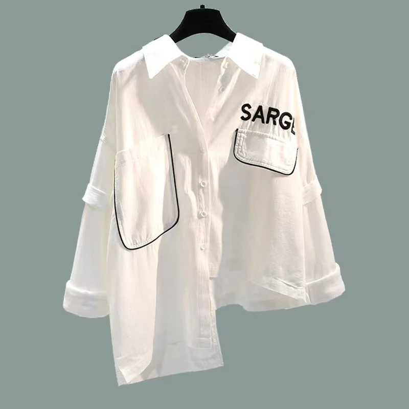 

DAYIFUN Irregular Large Size White Embroidered Shirts Women Cotton Linen Letters Long Sleeve Loose Blouses Asymmetrical Tops New
