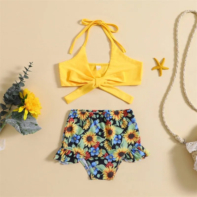 

5-15Y Kids Girls Swimsuits Solid Color Tie-Up Halter Neck Bowknot Tank Tops Sunflower Print Ruffles Shorts Bikini Swimwear Set