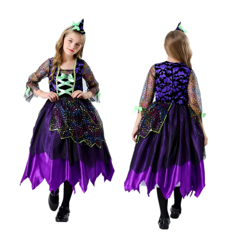 

Halloween Witch Vampire Costume Girls Bat Princess Costume Fancy Dress Up for Kids Purple Star Dresses Outfit 2 Piece