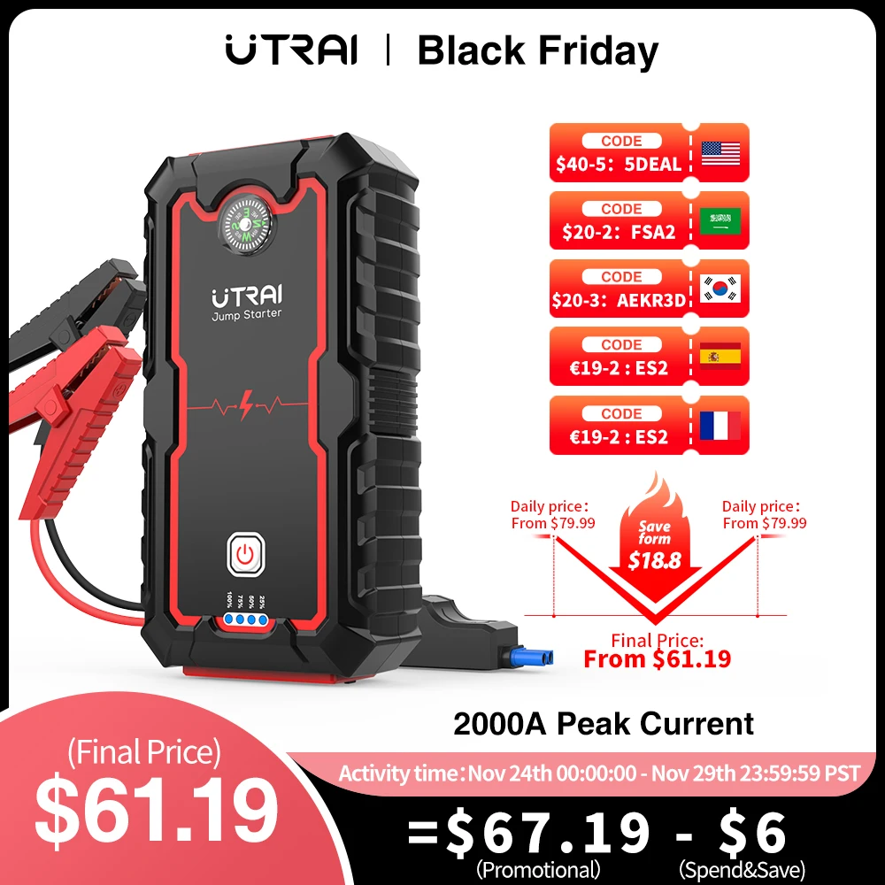 600a Jump Starter Power Bank 12000mah Portable Charger Starting Device For  8.0l/6.0l Emergency Car Battery Jump Starter