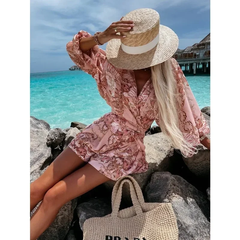 Женский Повседневный комбинезон с V-образным вырезом длинным рукавом и поясом