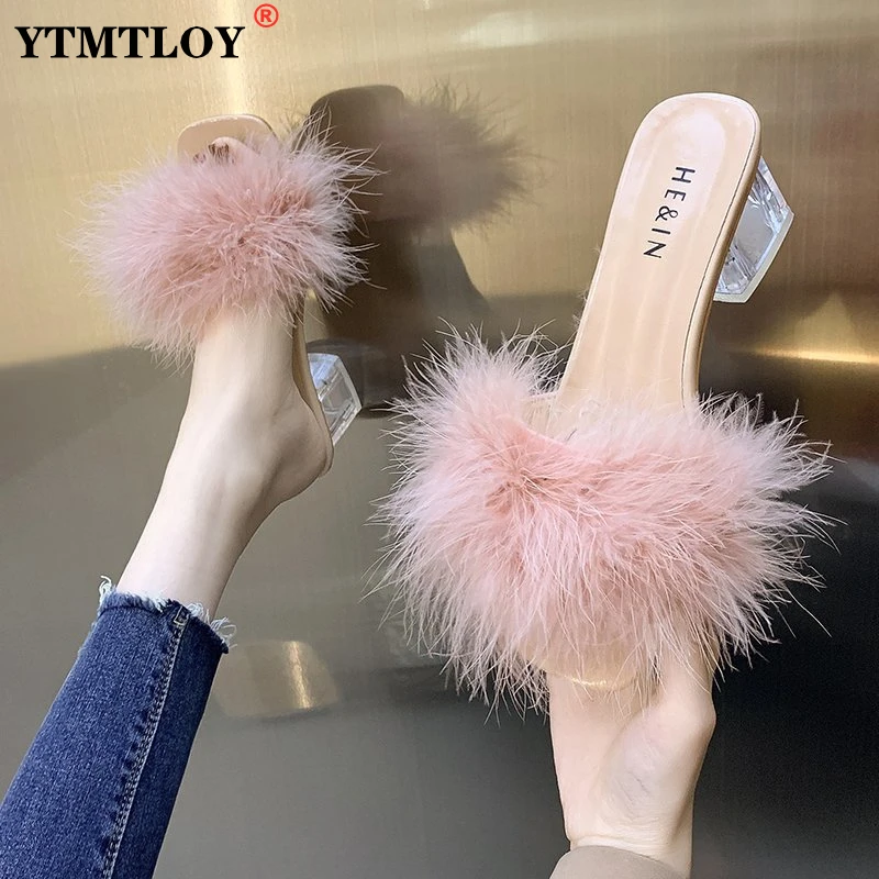 

Шлепанцы женские на шпильке, открытый носок, высокий каблук, прозрачные, летняя обувь, меховые Тапочки