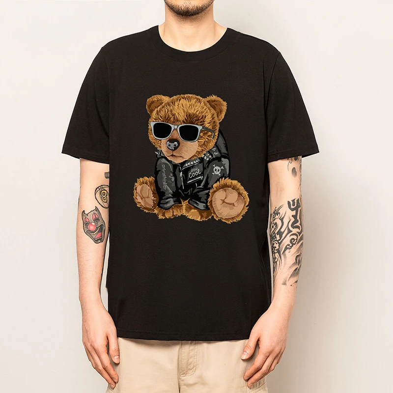 

Men's Cute Bear Print T-shirt 100% Cotton O-neck Summer Wear Personality Streetwear Solid Color Short Sleeve Tops