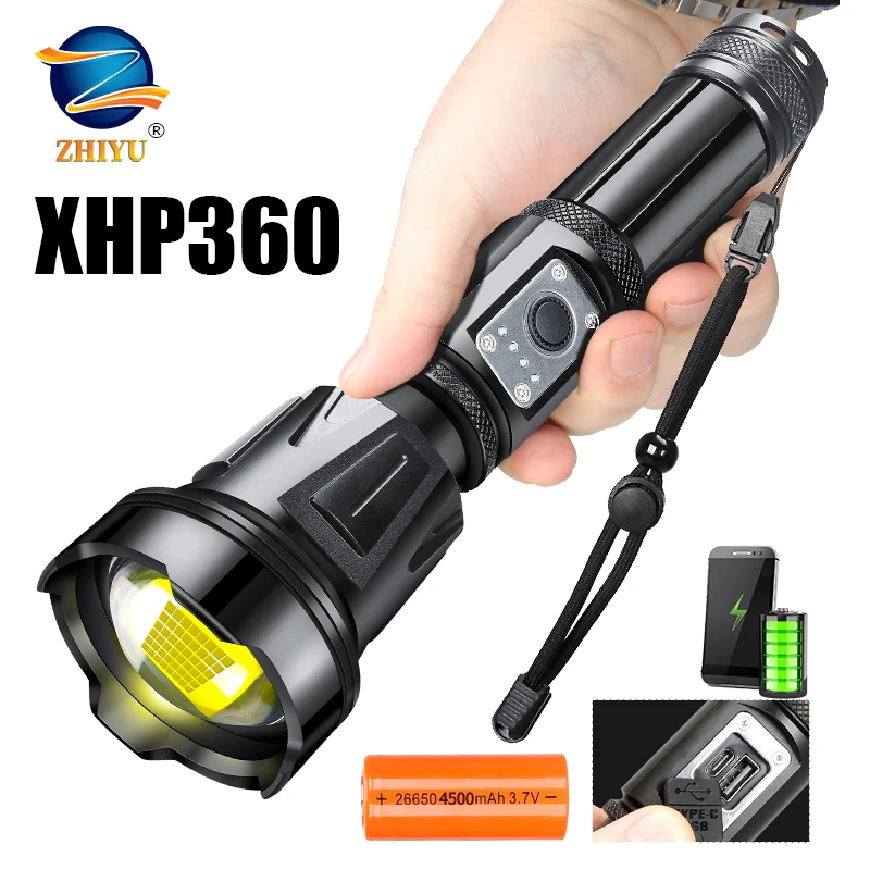 

XHP360 Super Powerful LED Flashlight USB Rechargeable 5 Modes Tactical Torch Use 26650 Battery Camping Light Emergency Lantern