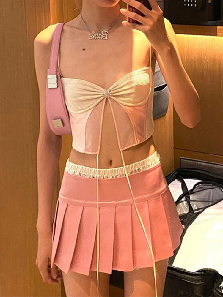 

SEASONS Women Fashion Patchwork Slim Cropped Top Vest Sexy Sleeveless Ruched Tank Tops 2022 New Summer Ladies Camis ASVE85205