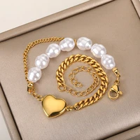 fashion heart pendant bracelet elegant pearl stainless steel cuban chain bracelets bangles jewelry gift accessories