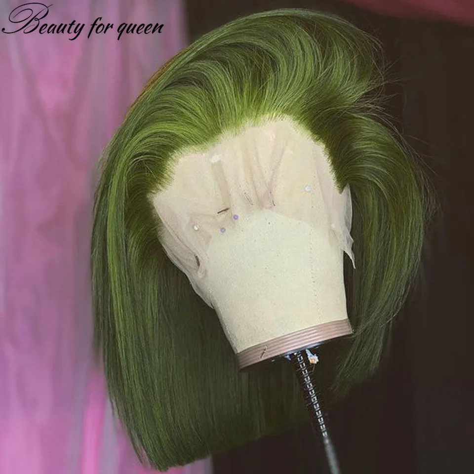 

Beauty Bob Lace Front Human Hair Wigs Colored Green Brazilian Remy Hair Pre Plucked Transparent Lace Frontal Wigs With Baby Hair