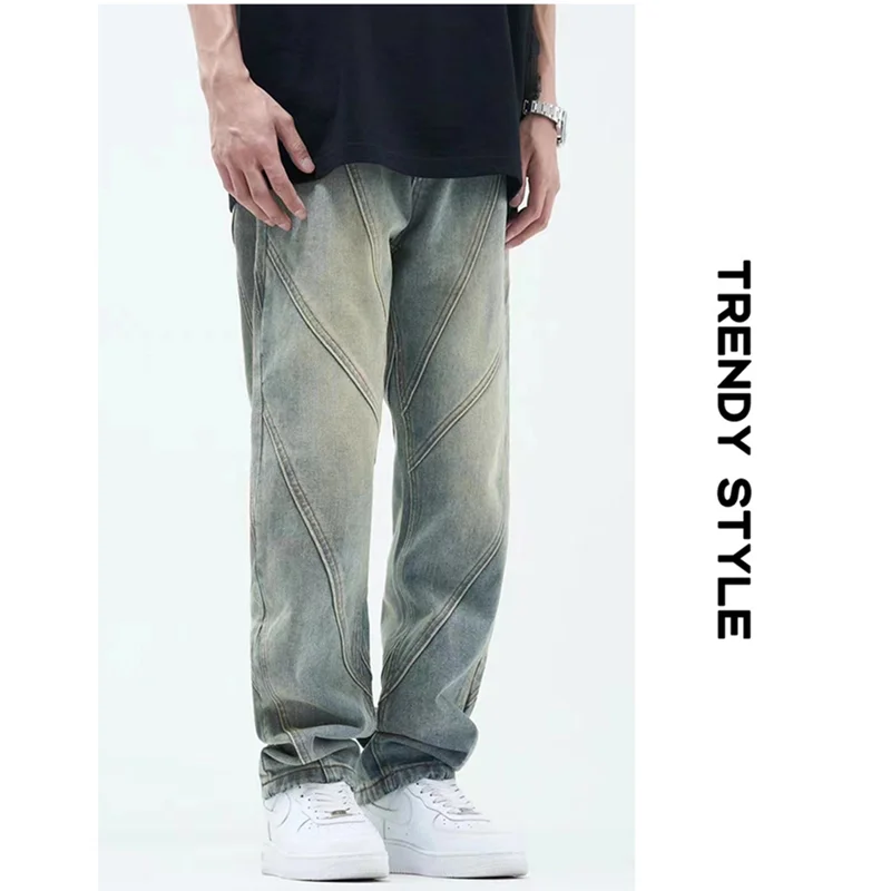 Streetwear Men 2022 Fashion New Pattern Vintage Recreational Blue Jeans Loose Straight Cylinder Broad Leg Trousers Autumn Female