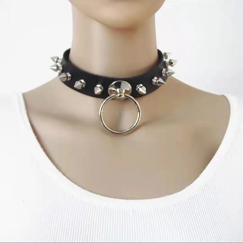 

New O-Round Punk Rock Gothic Chokers Women PU Leather Silver Color Rivet Stud Collars Necklace Girl Statement Party Accessories