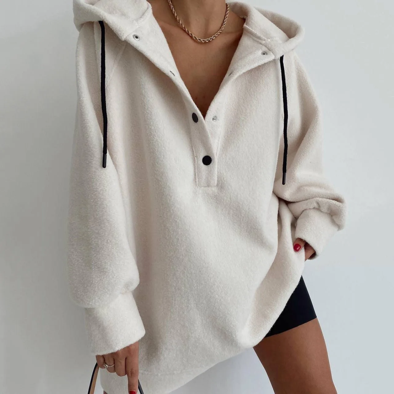 

Women Sweatshirts Hooded Hidden Breasted Button Draw String Hoodies Pockets Loose Casual Solid Polar Fleece Slight Strech