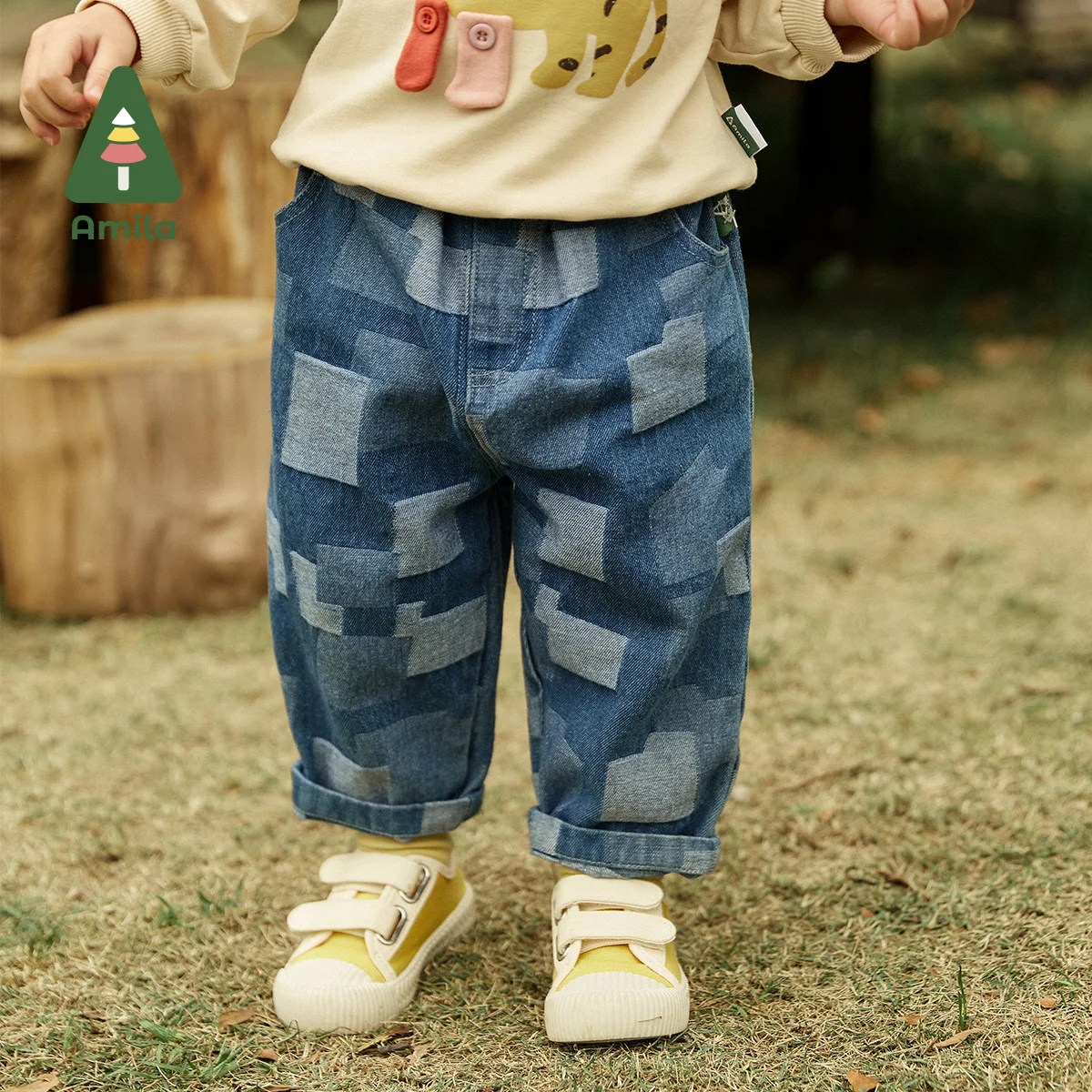 

Amila Baby Jeans 2022 Autumn New All-match Straight Trousers Girls And Boys Denim Pants Cartoon Loose Children's Clothes