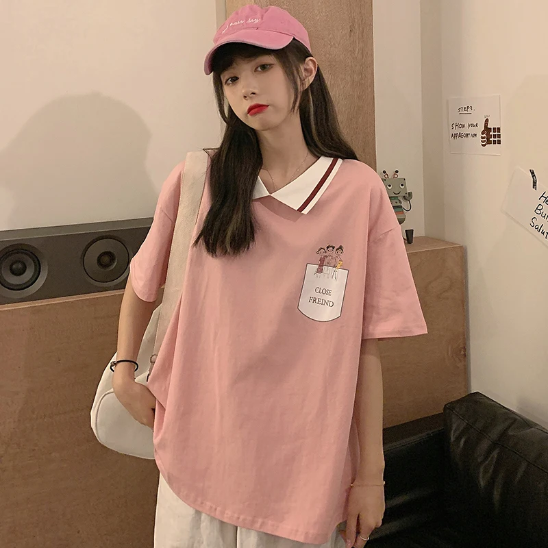 

Lazy Retro Cartoon Letter Print Loose Tshirt Female Korean Harajuku Women's T-shirts Tops Japanese Ulzzang Clothes For Women