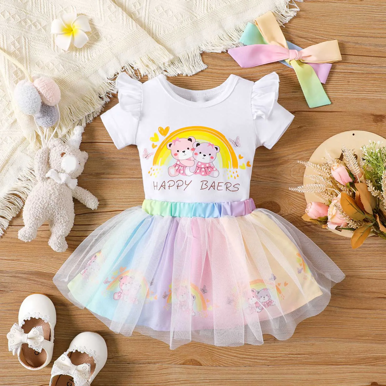 

3Pcs Newborn Infant Baby Girls Clothes Sets Summer Floral Cotton Ribbed Short Sleeve Romper Bodysuit Tulle Skirts For Baby Girls