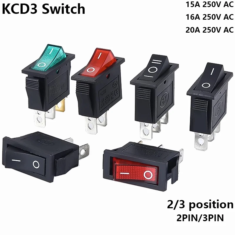 

1PCS KCD3 Rocker Switch ON-OFF ON-OFF-ON 2 Position 3Pins Electrical equipment With Light Power Switch 16A 250V / 20A 125V AC