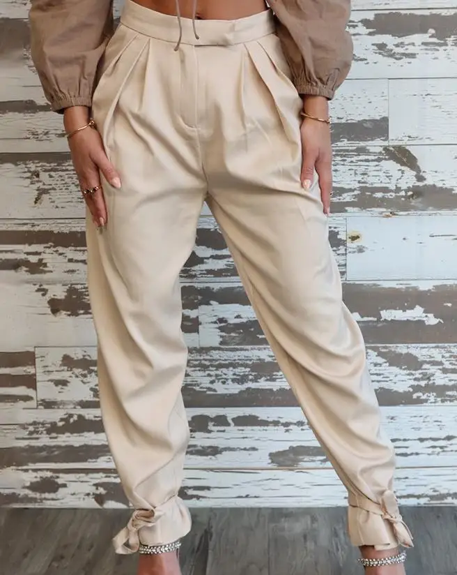 Women's Pants 2023 Fashion Elegant Ruched Pocket Design Cuffed High Waist Pants Female Trouser Bottom Female Clothing Streetwear