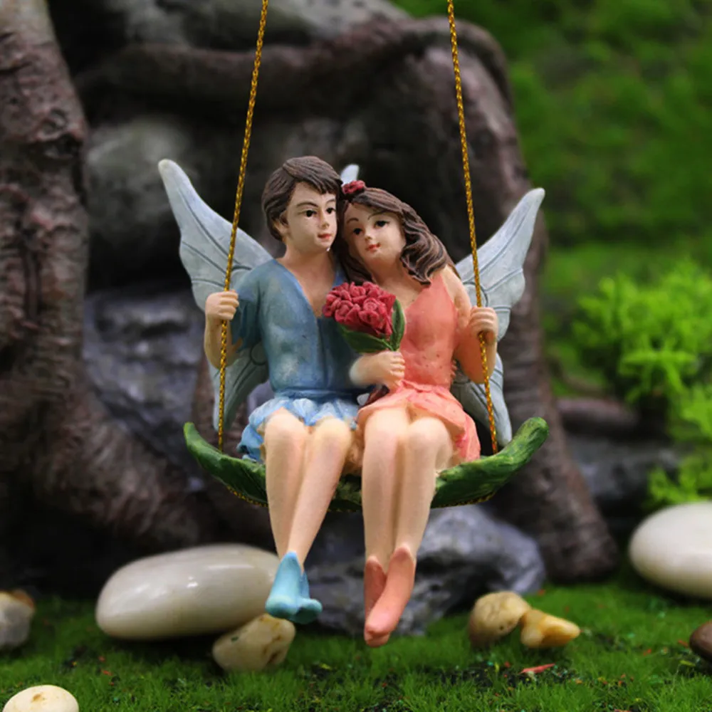 

Romantic Couple Figurines Lovers Swing Flower Fairy Miniatures Garden Micro Landscape Resin Crafts Home Wedding Decoration