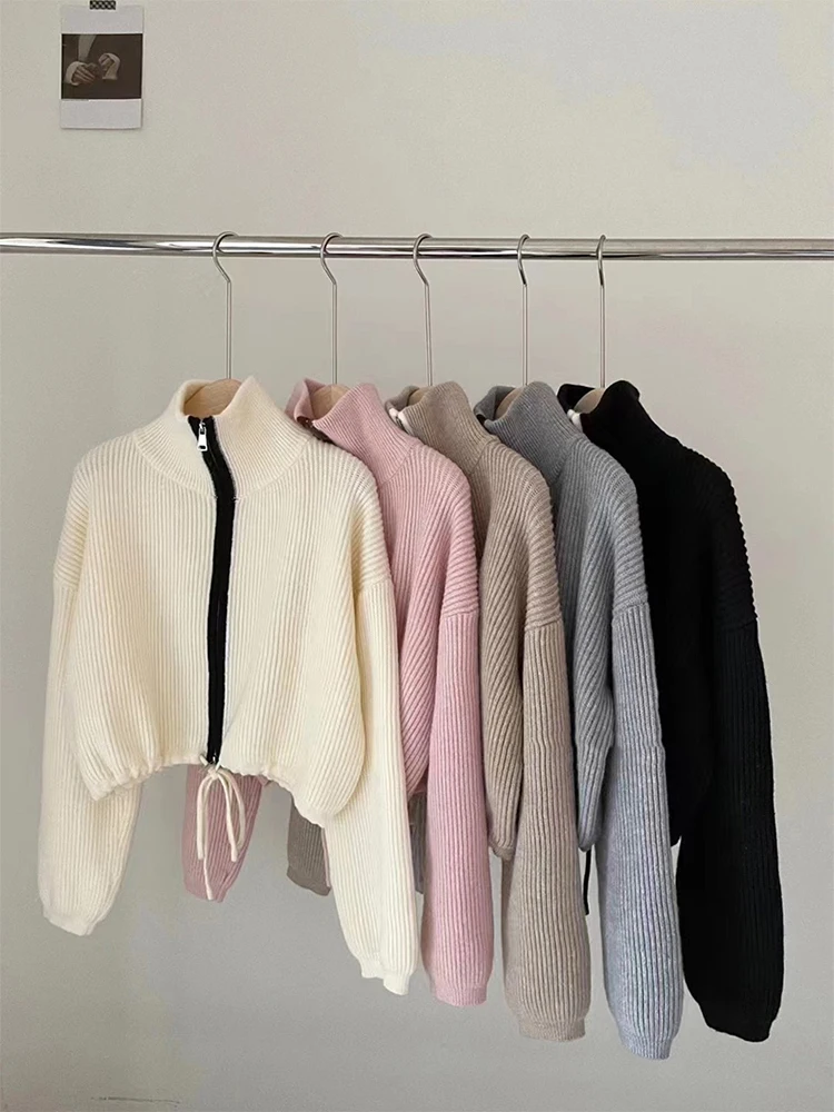 

French Y2K Vintage Knitted Cardigan Women Half High Collar Zipper Simple Oversized Sweater Drawstring Lace Up Korean Streetwear