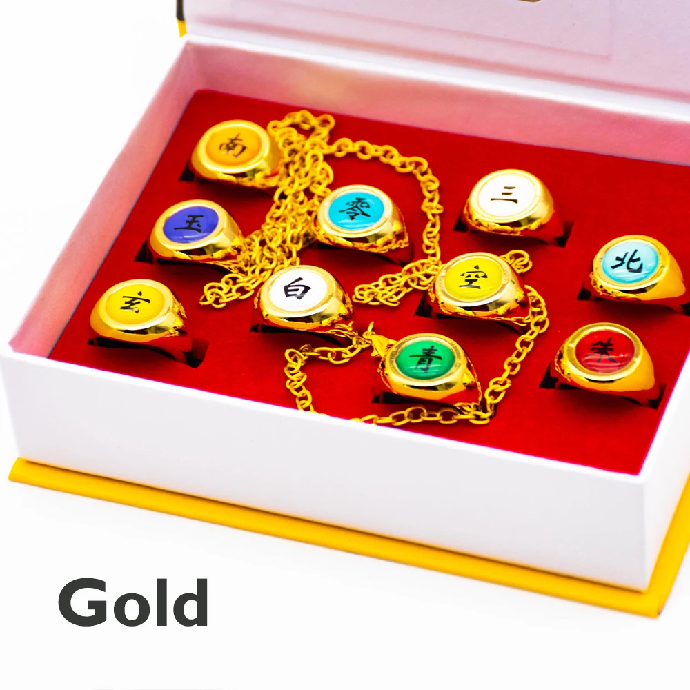 Akatsuki Rings Full Set Stainless Steel Adjustable Ring Box Sharingan Cloud Pain Itachi Halloween Anime Cosplay Ninja Props