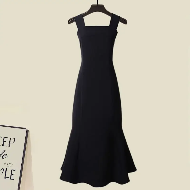 Женский осенне-зимний сексуальный костюм с юбкой-годе черное Хлопковое платье