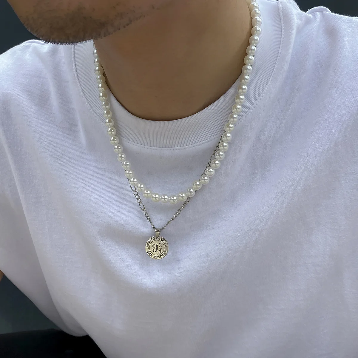

Hip Hop Punk Chain Choker Necklace Set for Men Vintage Pearl Necklaces Double Layer Number Medal Pendant Men Jewelry Collar Gift