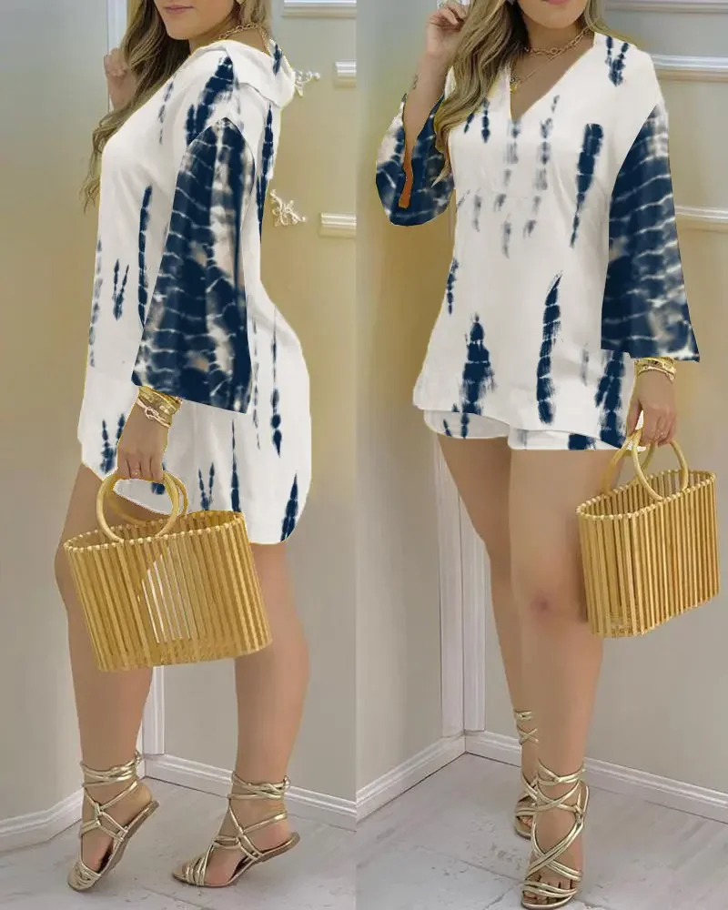 

Casual Two Piece Set for Women 2022 Summer New Fashion Tie Dye Print V-Neck Bell Sleeve Top & Printing Shorts Set