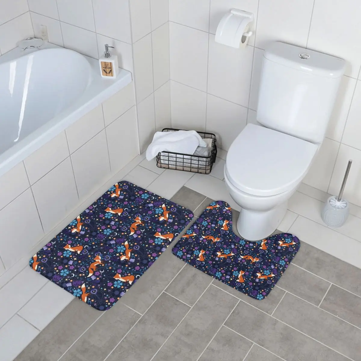 

Dreamy Folk Fox Bath Mat Blue Floral Print Foot Anti Slip 2 Piece Bathroom Mat Set Vintage Polyester Bathroom Rug