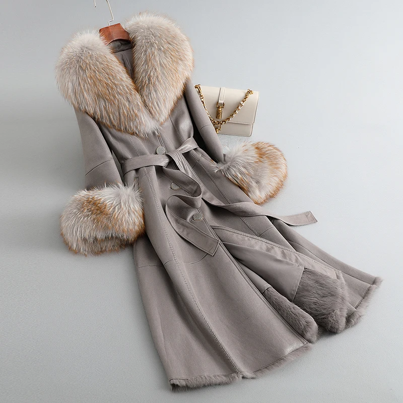 

PUDI Luxury Women Rabbit Leather And Fur Jacket New Design Fox Fur Big Collar Coat CT284