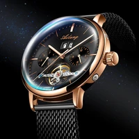 luxury automatic watch men tourbillon mechanical wristwatch stainless steel mesh band auto date top brand watches with sub dials