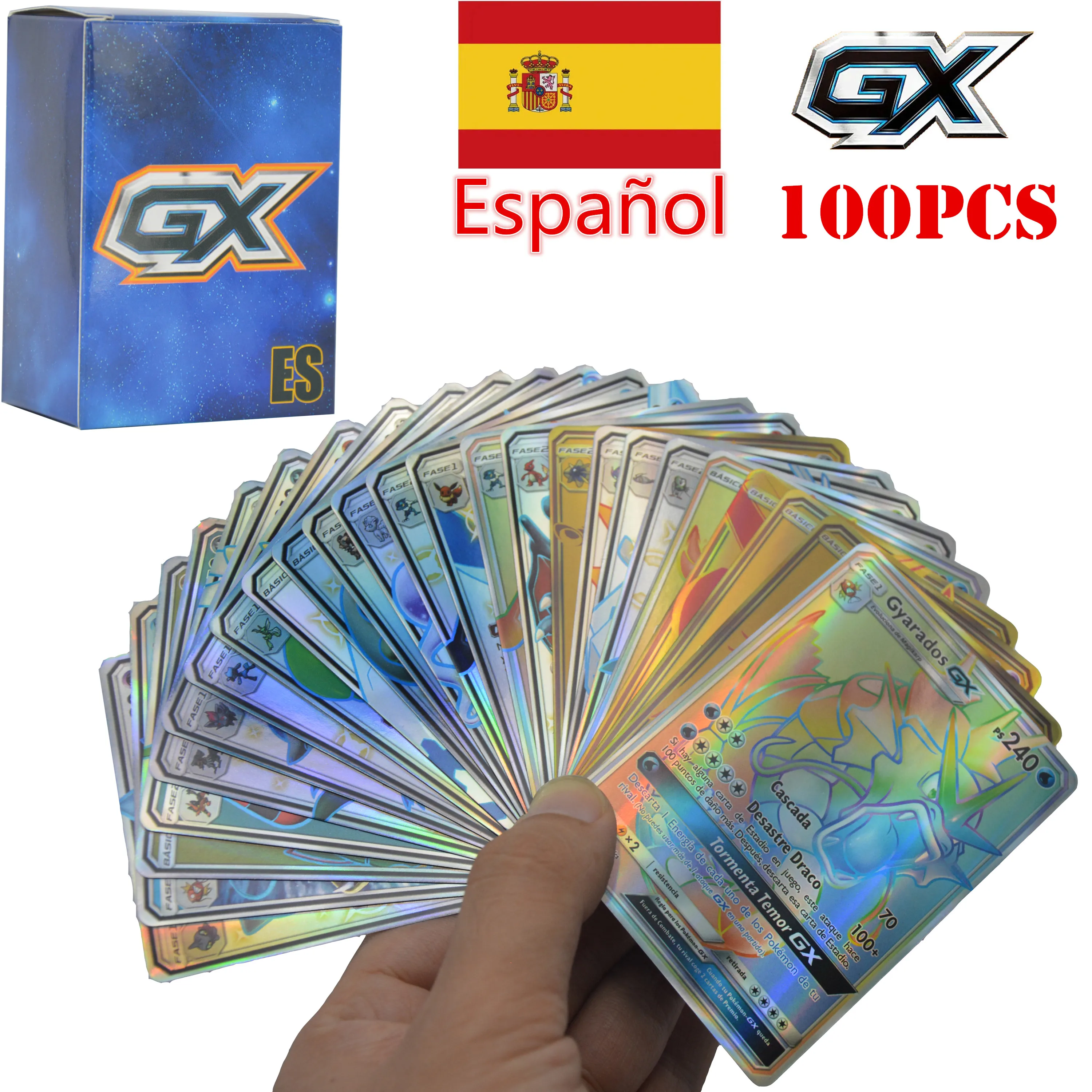 

Pokemon Español Cards GX 100Pcs Shining Game Spanish Battle Rainbow Holographic Cartas Basico Pokémon Gyarados Trading Toy