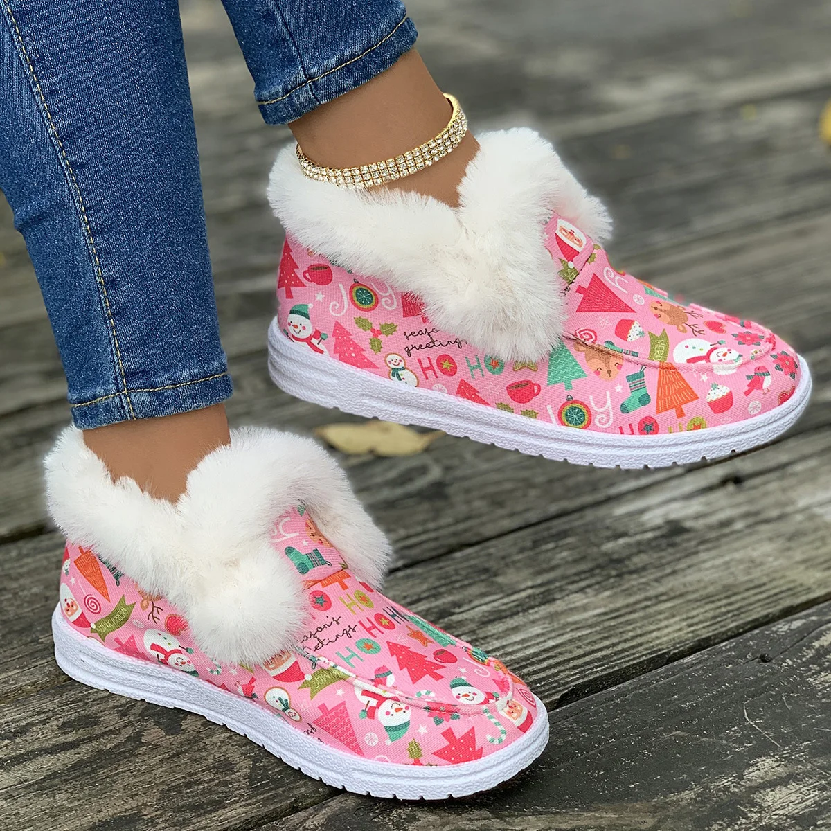 Женские парусиновые ботинки с принтом Санта Клауса рождественские пушистые