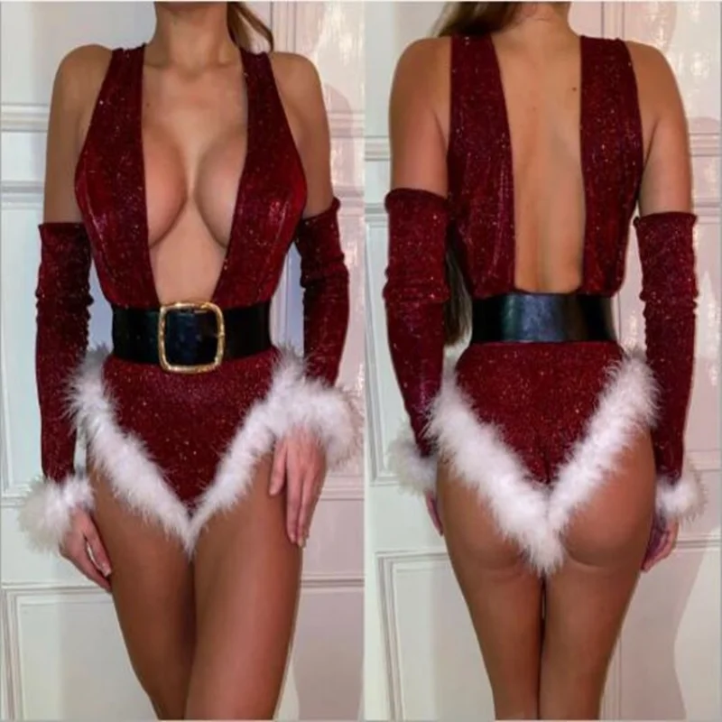 Classic Christmas Sexy Deep V One-piece With Belt Bodysuit romper Women Festival Outfit Jumpsuit Catsuit Playsuit ropa de mujer