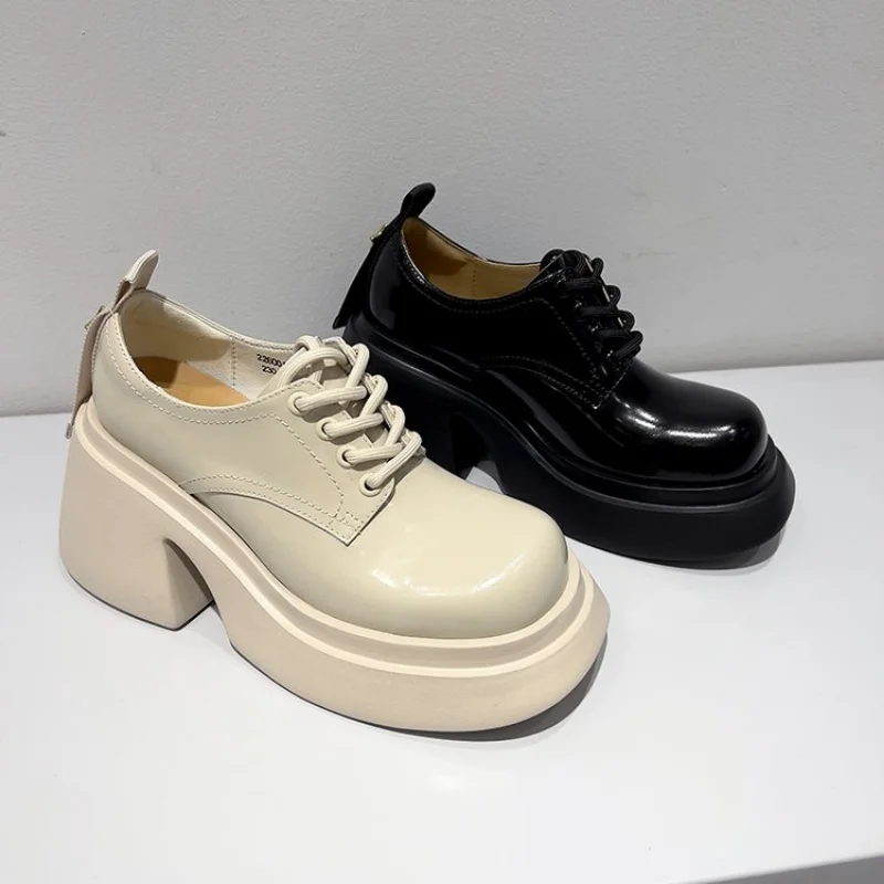 

Женские кожаные туфли на толстой подошве, повседневные туфли на толстом каблуке, со шнуровкой, для весны, 2023