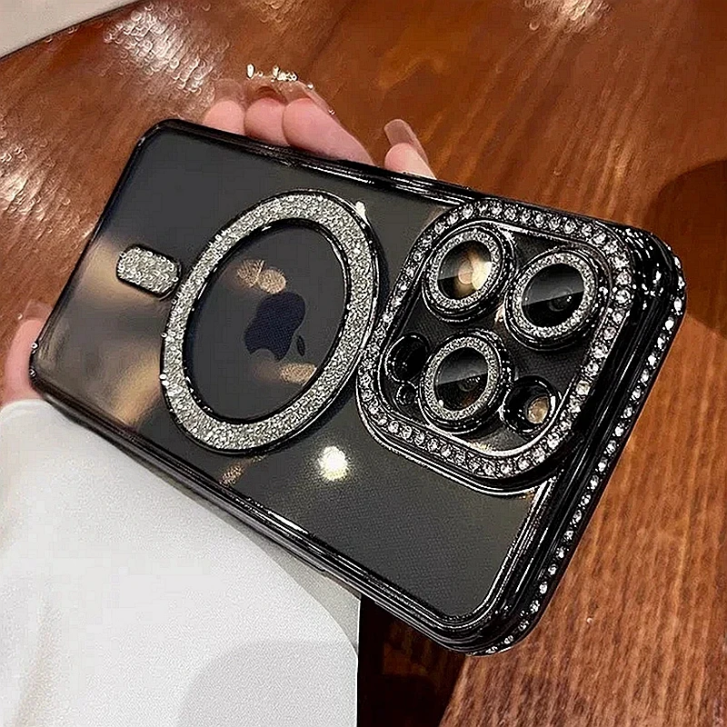 Прозрачный Магнитный чехол с кристаллами и блестками для iPhone 15 14 13 12 11 Pro Max Plus