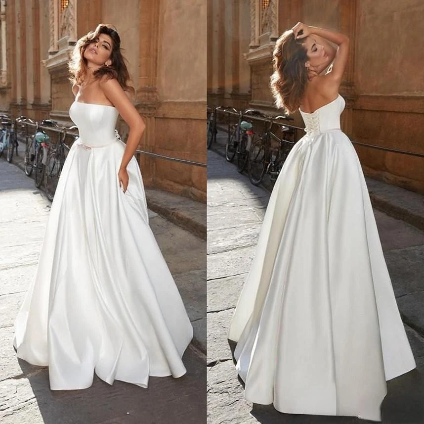 

Modern Strapless Wedding Dress 2022 Simple Designed Satin Corset Lace-up Back Bridal Gowns Cheap Robe de mariee